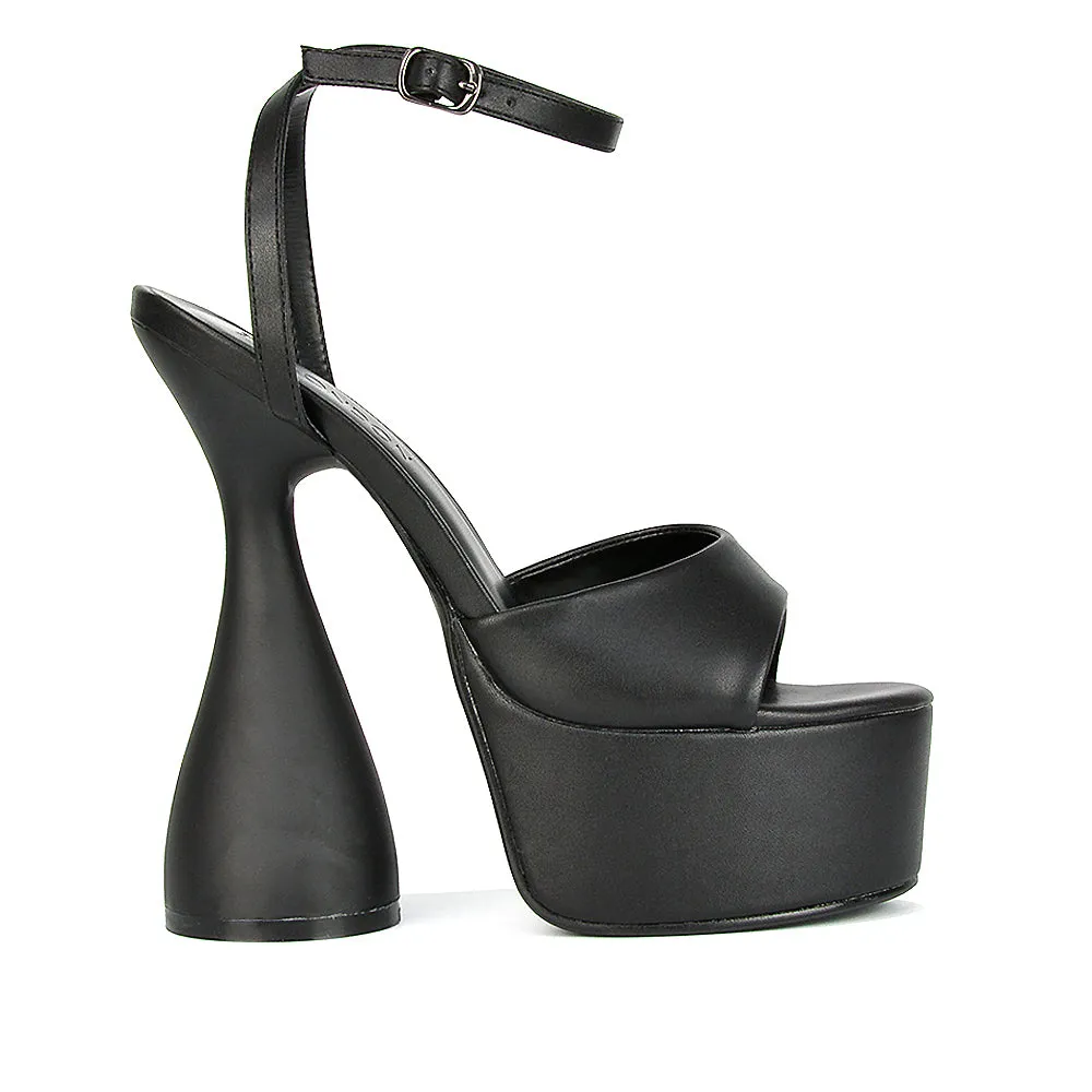 Acacia Strappy Peep Toe Cylinder Block Platform High Heel in Black Synthetic Leather