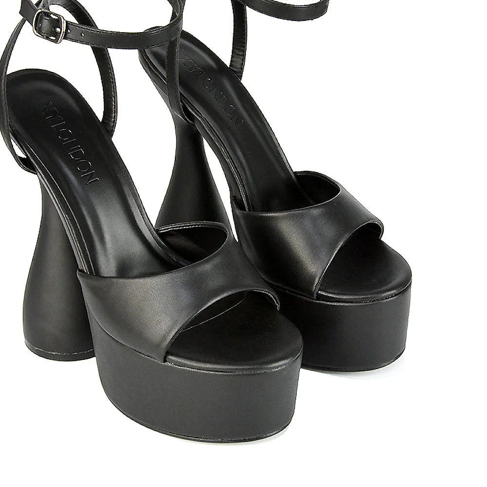 Acacia Strappy Peep Toe Cylinder Block Platform High Heel in Black Synthetic Leather