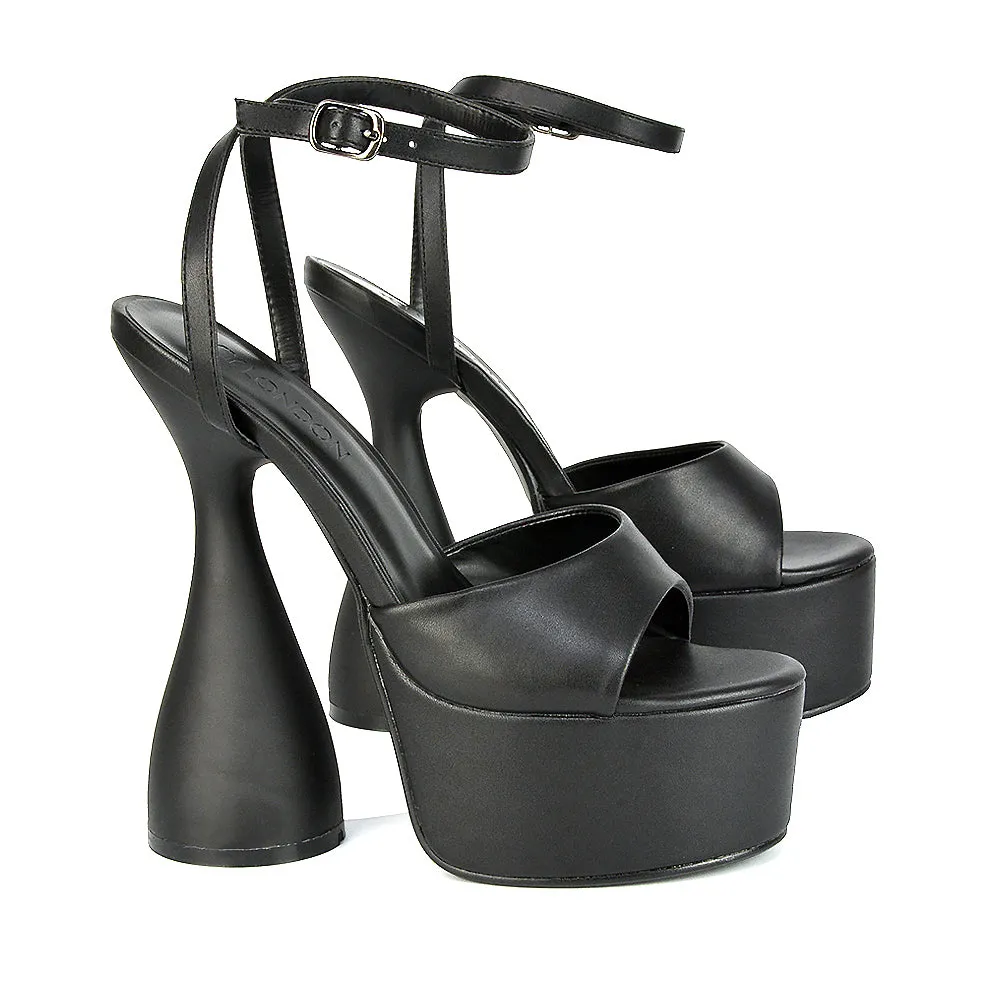 Acacia Strappy Peep Toe Cylinder Block Platform High Heel in Black Synthetic Leather