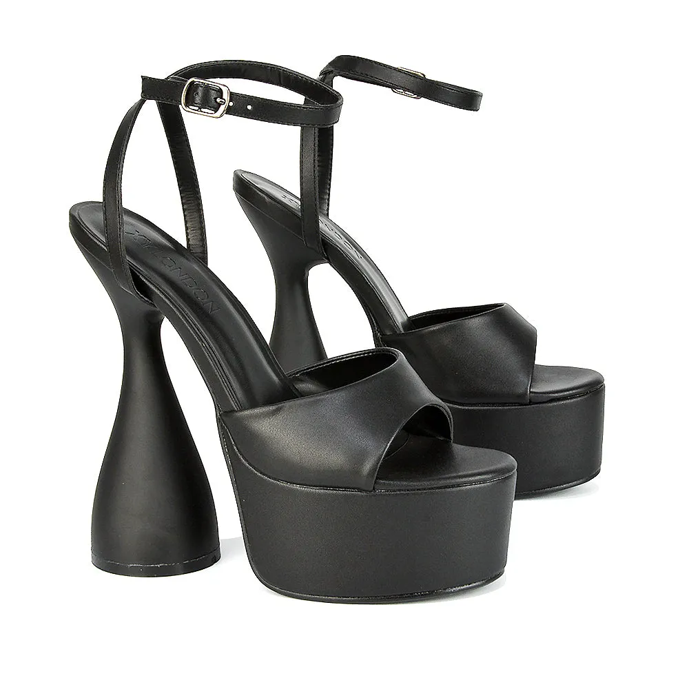 Acacia Strappy Peep Toe Cylinder Block Platform High Heel in Black Synthetic Leather