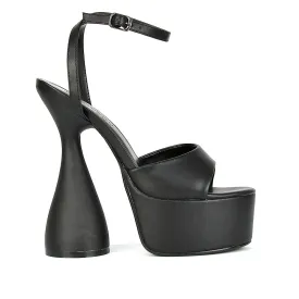 Acacia Strappy Peep Toe Cylinder Block Platform High Heel in Black Synthetic Leather