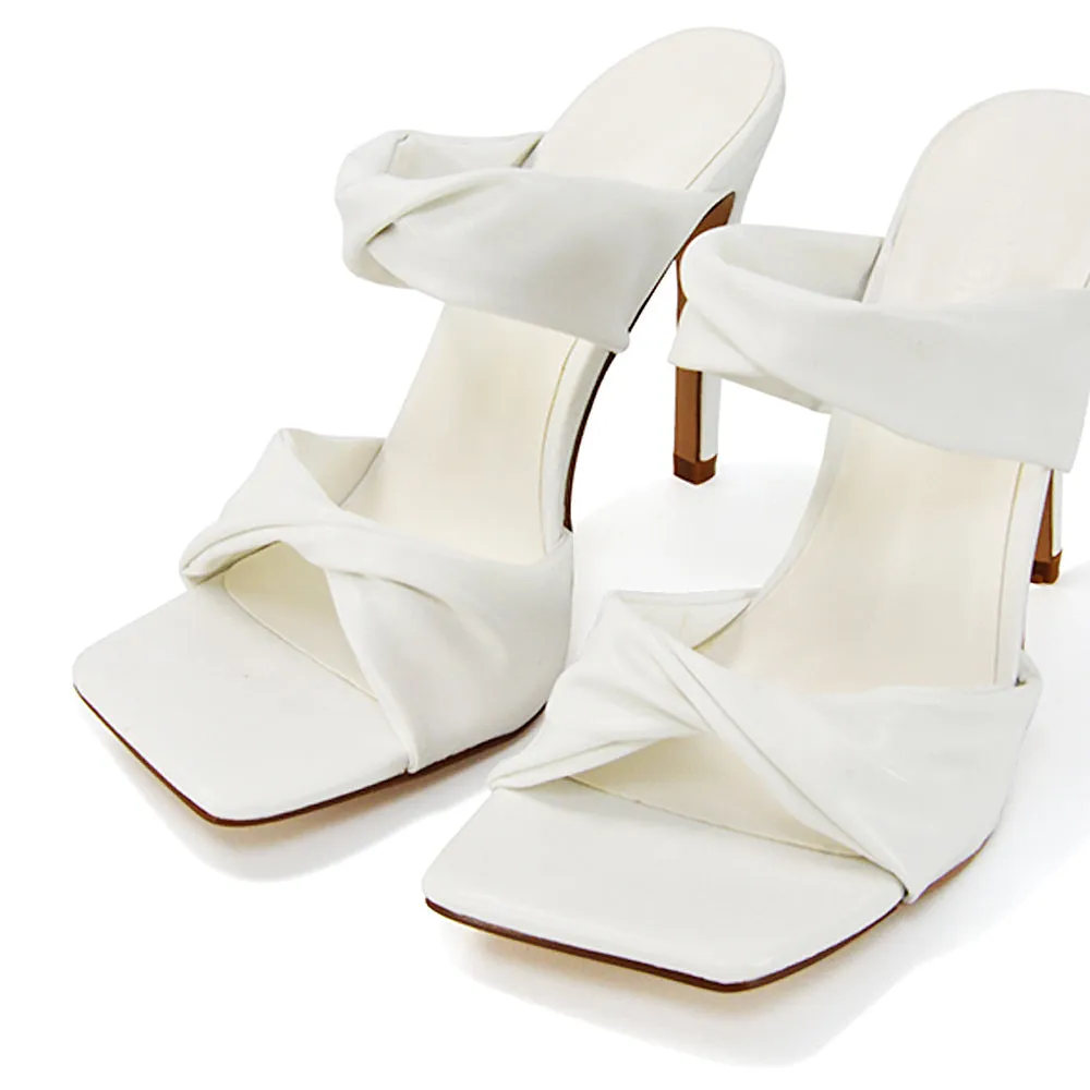 Avalon Double Twisted Strap Square Toe Heel Mules in White Synthetic Leather