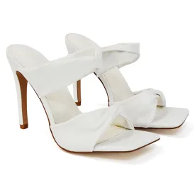 Avalon Double Twisted Strap Square Toe Heel Mules in White Synthetic Leather