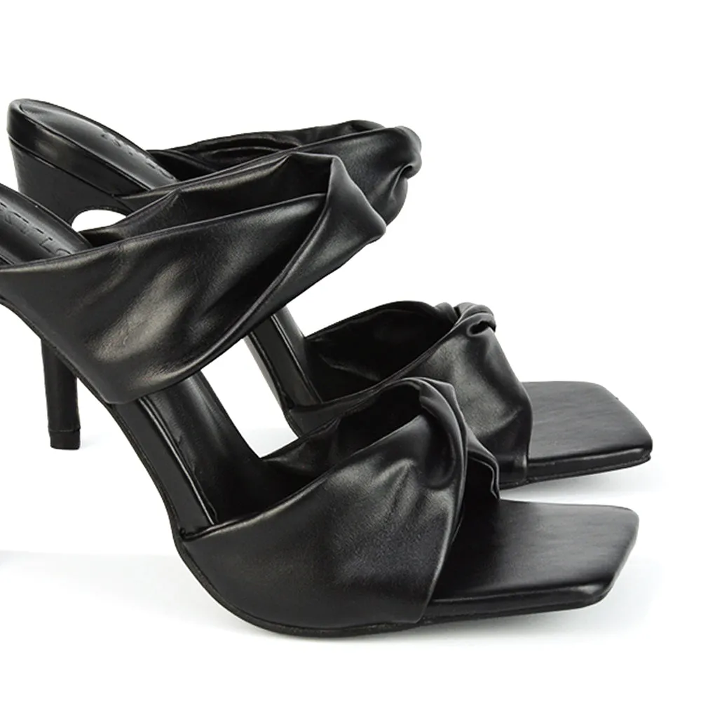 Avalon Double Twisted Strap Square Toe Heel Mules in White Synthetic Leather