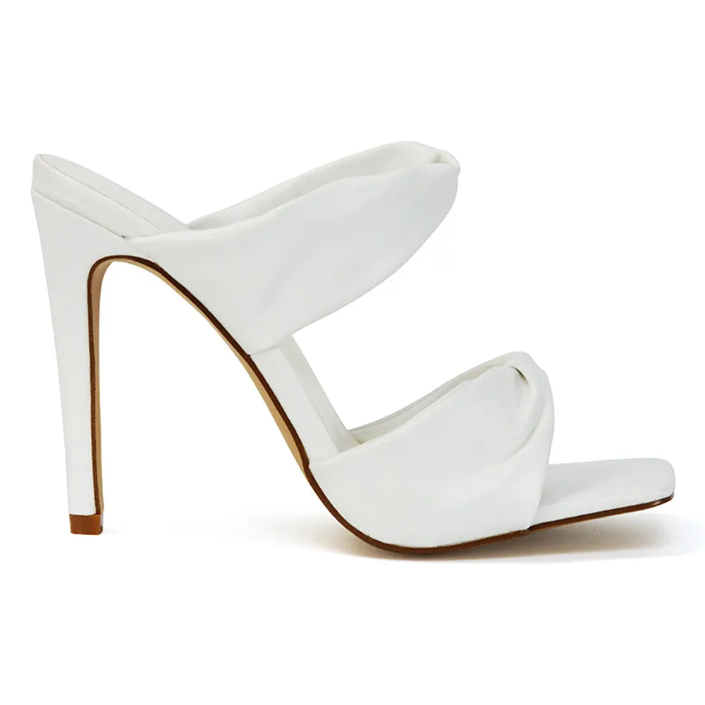 Avalon Double Twisted Strap Square Toe Heel Mules in White Synthetic Leather