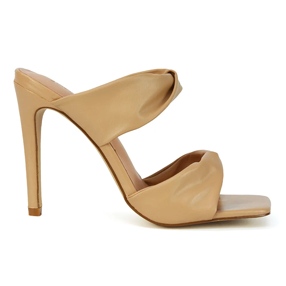 Avalon Double Twisted Strap Square Toe Heel Mules in White Synthetic Leather