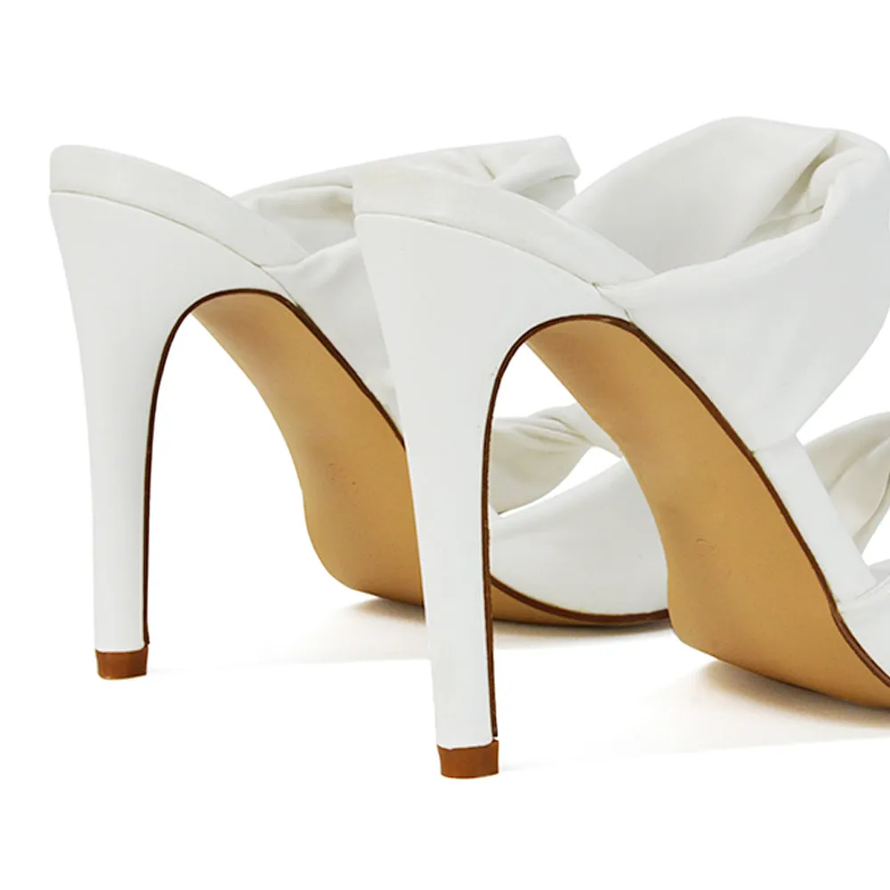 Avalon Double Twisted Strap Square Toe Heel Mules in White Synthetic Leather