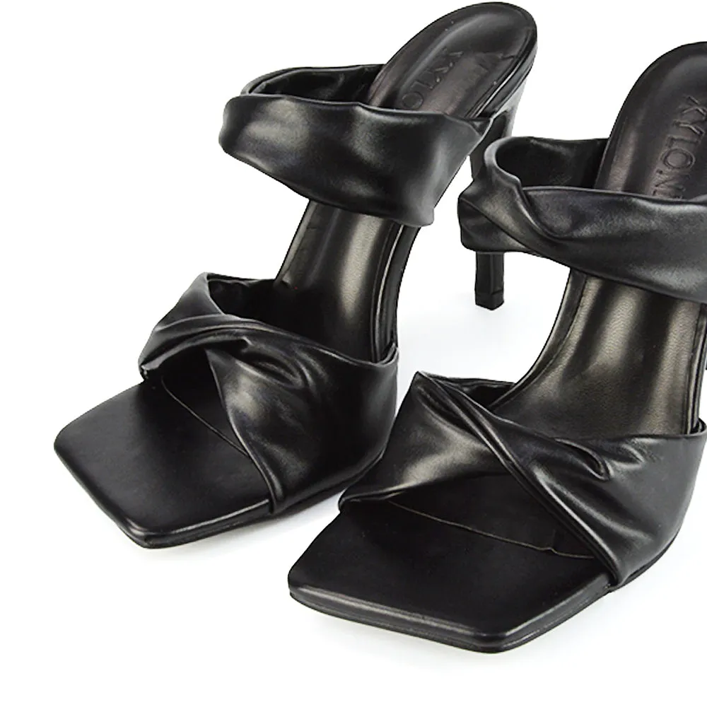 Avalon Double Twisted Strap Square Toe Heel Mules in White Synthetic Leather