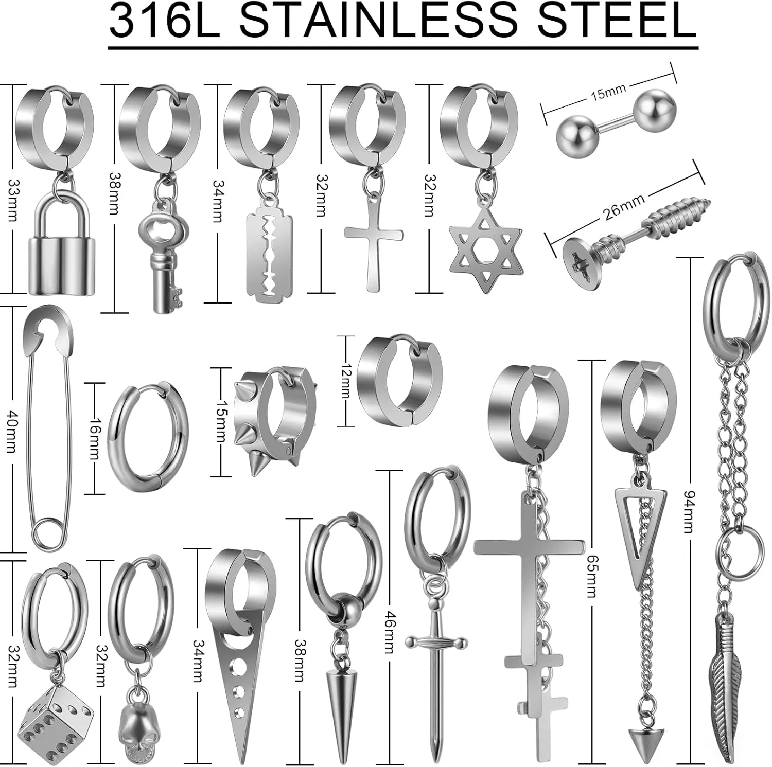 Black Cross Earrings for Men, 28 Pieces Stainless Steel Long Chain Dangle Piercing Hoop Earrings Set for Gifts