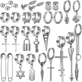 Black Cross Earrings for Men, 28 Pieces Stainless Steel Long Chain Dangle Piercing Hoop Earrings Set for Gifts