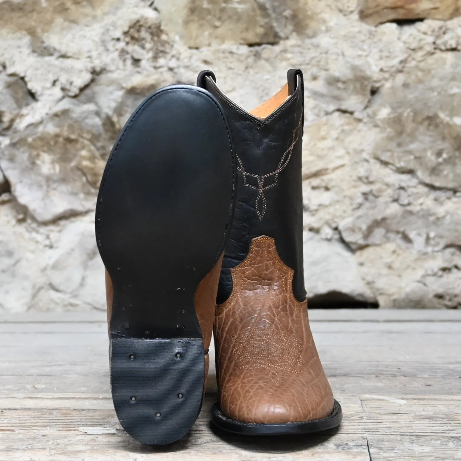 Cowtown Men's 10" Leather Boot W/Natural Buffalo Shoulder Vamp and Dark Brown Top
