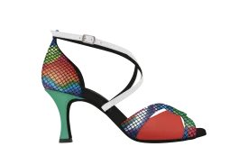 Dance Naturals 71 Mazaneta Multicolor Print Suede Ladies Latin Dance Shoe with Cutouts and Crossed Strap