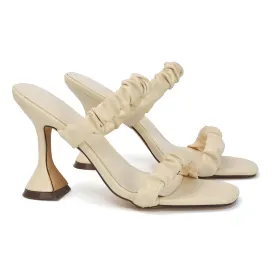 DAPHNE RUCHED DOUBLE STRAP SQUARE TOE SLIP ON SCULPTURED HIGH HEEL SANDALS IN NUDE
