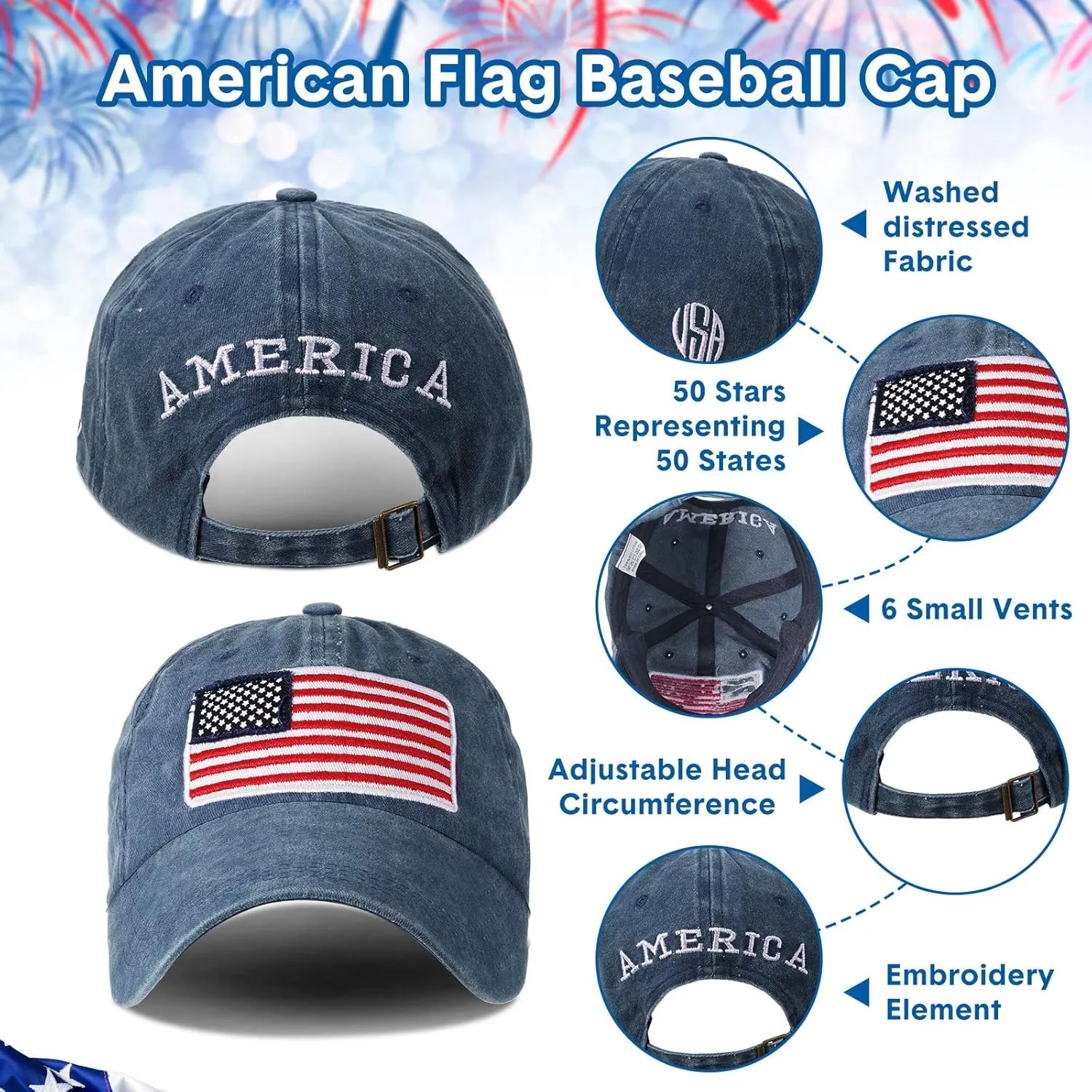 Tarpop 6 Pcs American Flag Baseball Cap Tactical USA Flag Hats Adjustable Washed Us Flag Cap for Men Women