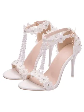 Women's Sandals Flowers Pearls T-Tied Stilettos Wedding Shoes High Heel Bridal Pumps