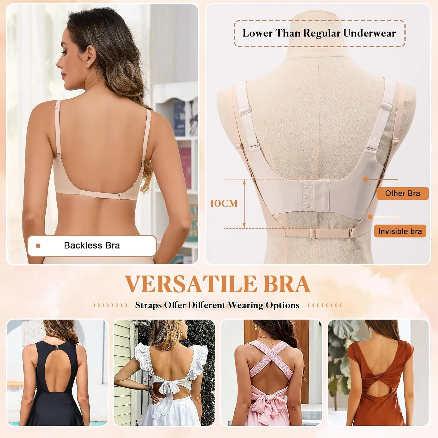 Yusongirl Deep V Low Back Bra for Women Wirefree Seamless Bra Multiway Convertible Strap Padded Bra Comfort Lifting Bra