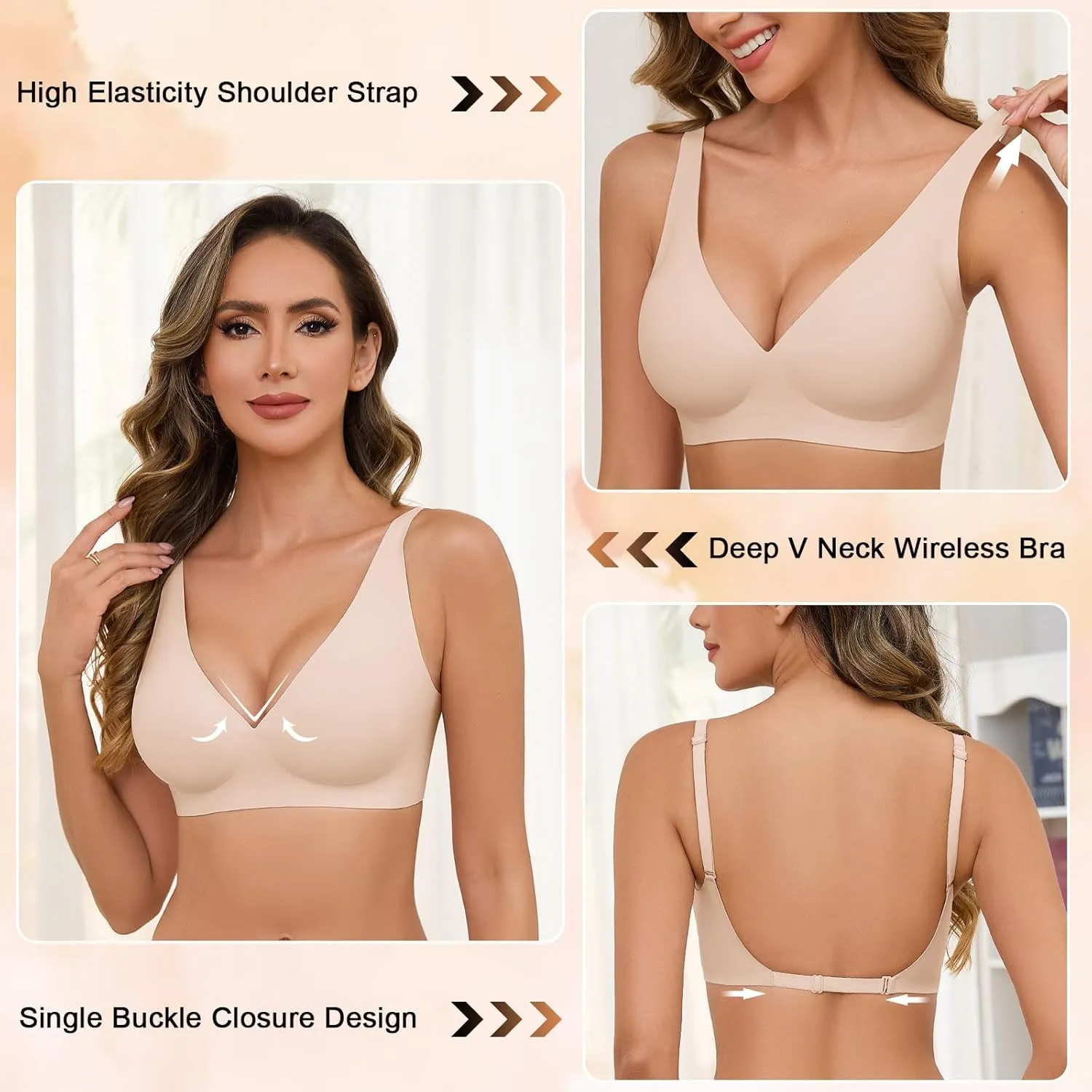 Yusongirl Deep V Low Back Bra for Women Wirefree Seamless Bra Multiway Convertible Strap Padded Bra Comfort Lifting Bra