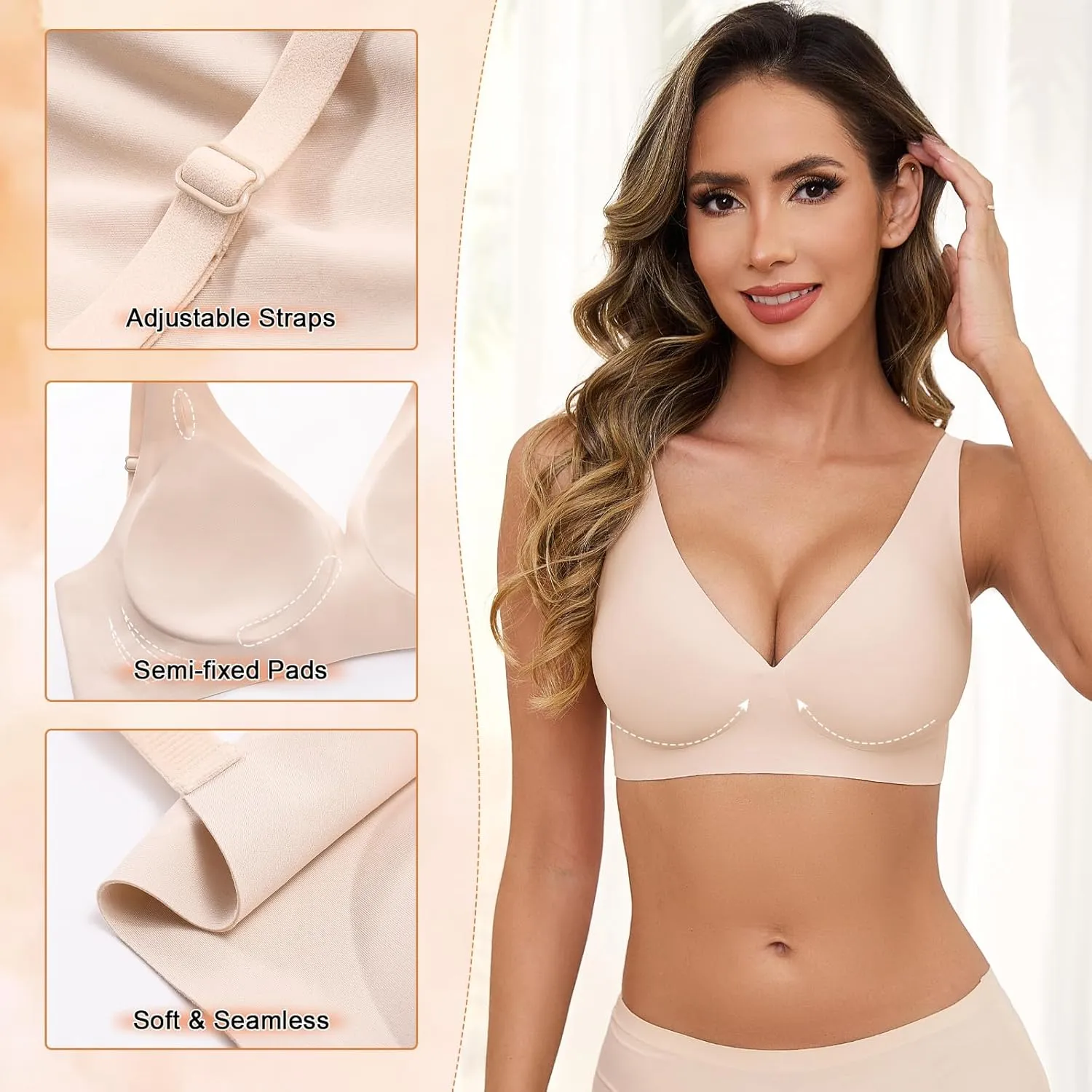 Yusongirl Deep V Low Back Bra for Women Wirefree Seamless Bra Multiway Convertible Strap Padded Bra Comfort Lifting Bra