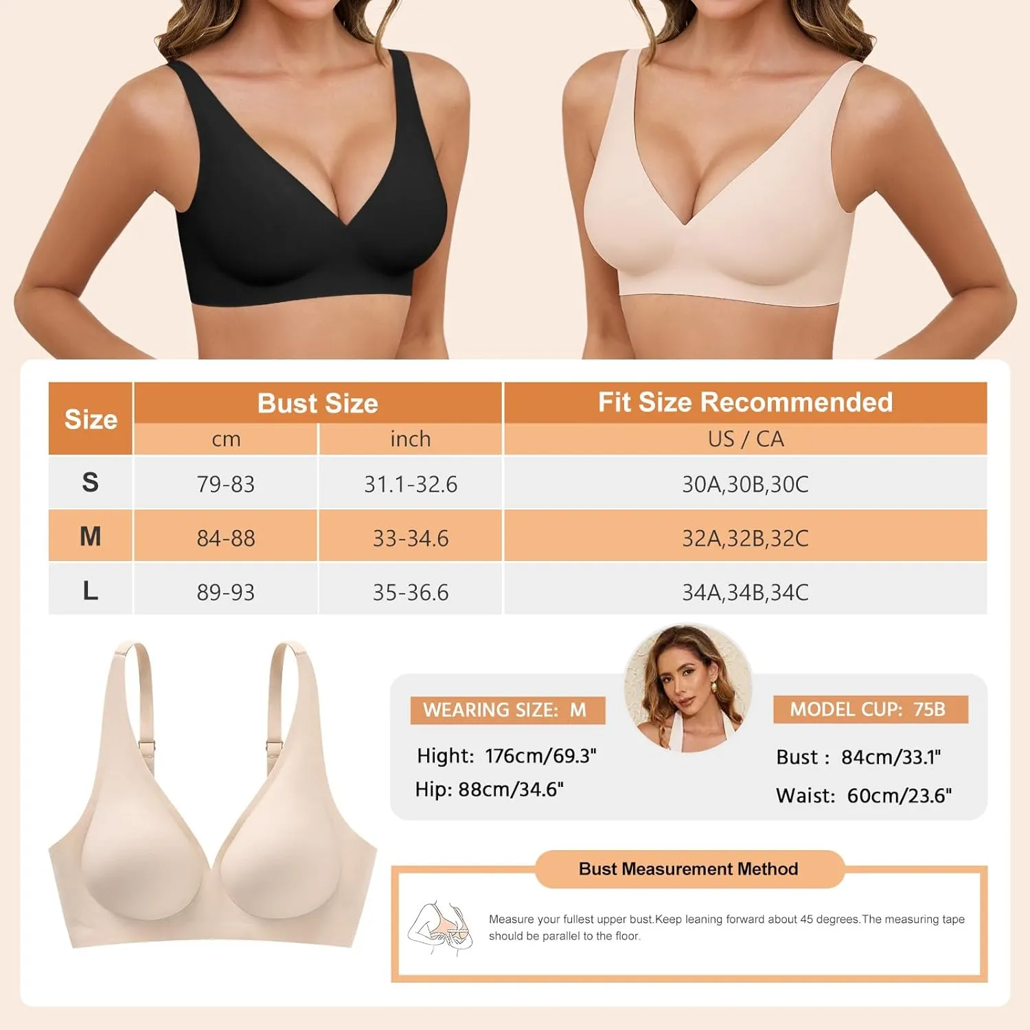 Yusongirl Deep V Low Back Bra for Women Wirefree Seamless Bra Multiway Convertible Strap Padded Bra Comfort Lifting Bra