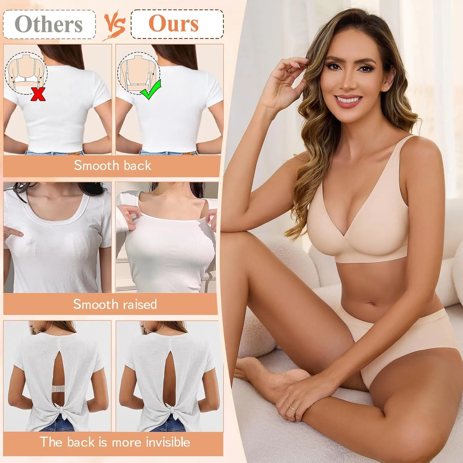 Yusongirl Deep V Low Back Bra for Women Wirefree Seamless Bra Multiway Convertible Strap Padded Bra Comfort Lifting Bra