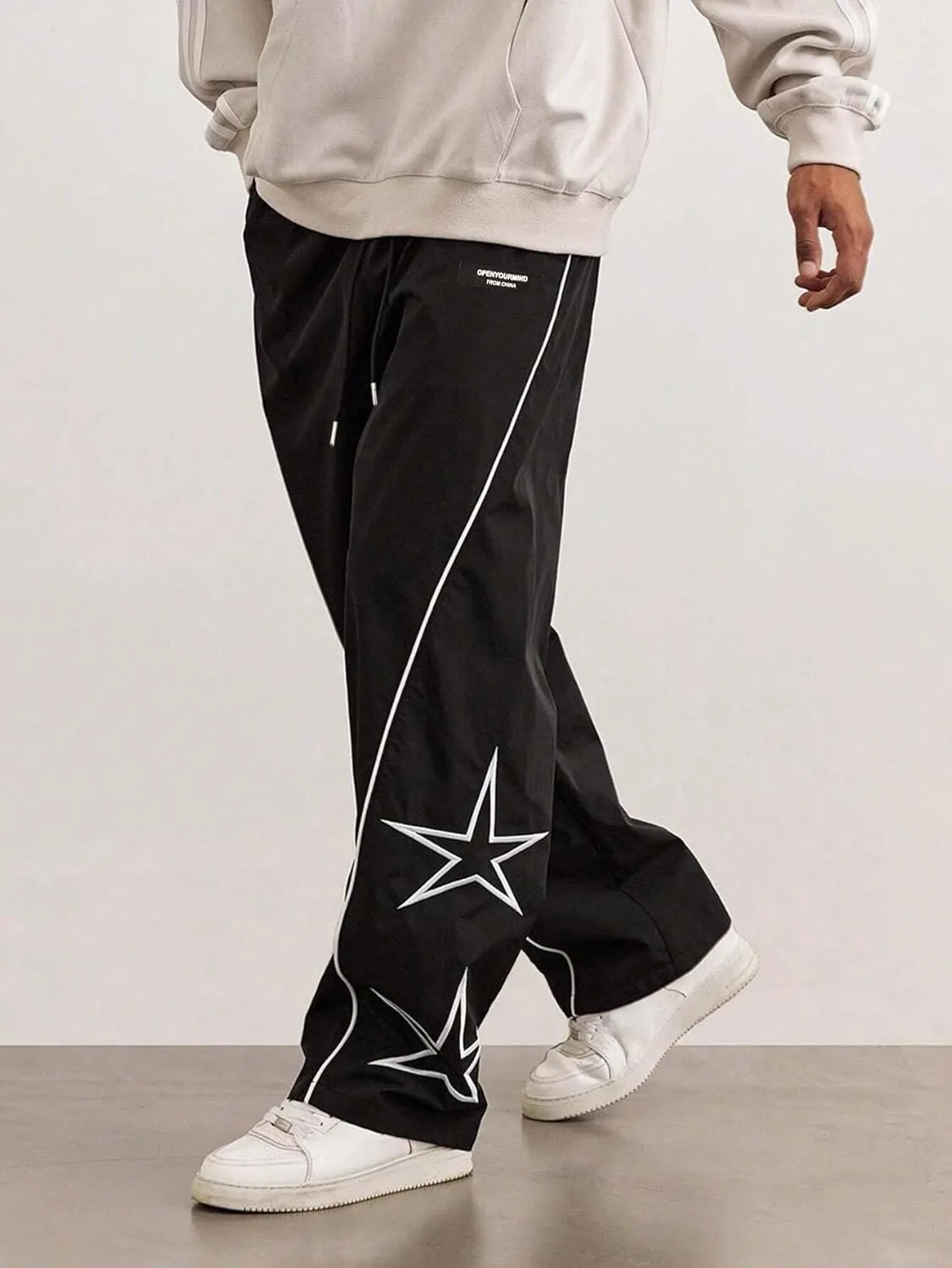ZAFUL Men's Side Star Casual Pants Y2K Lightweight Sweatpants Drawstring Dance Pants Baggy Fashion Straight Leg Pants